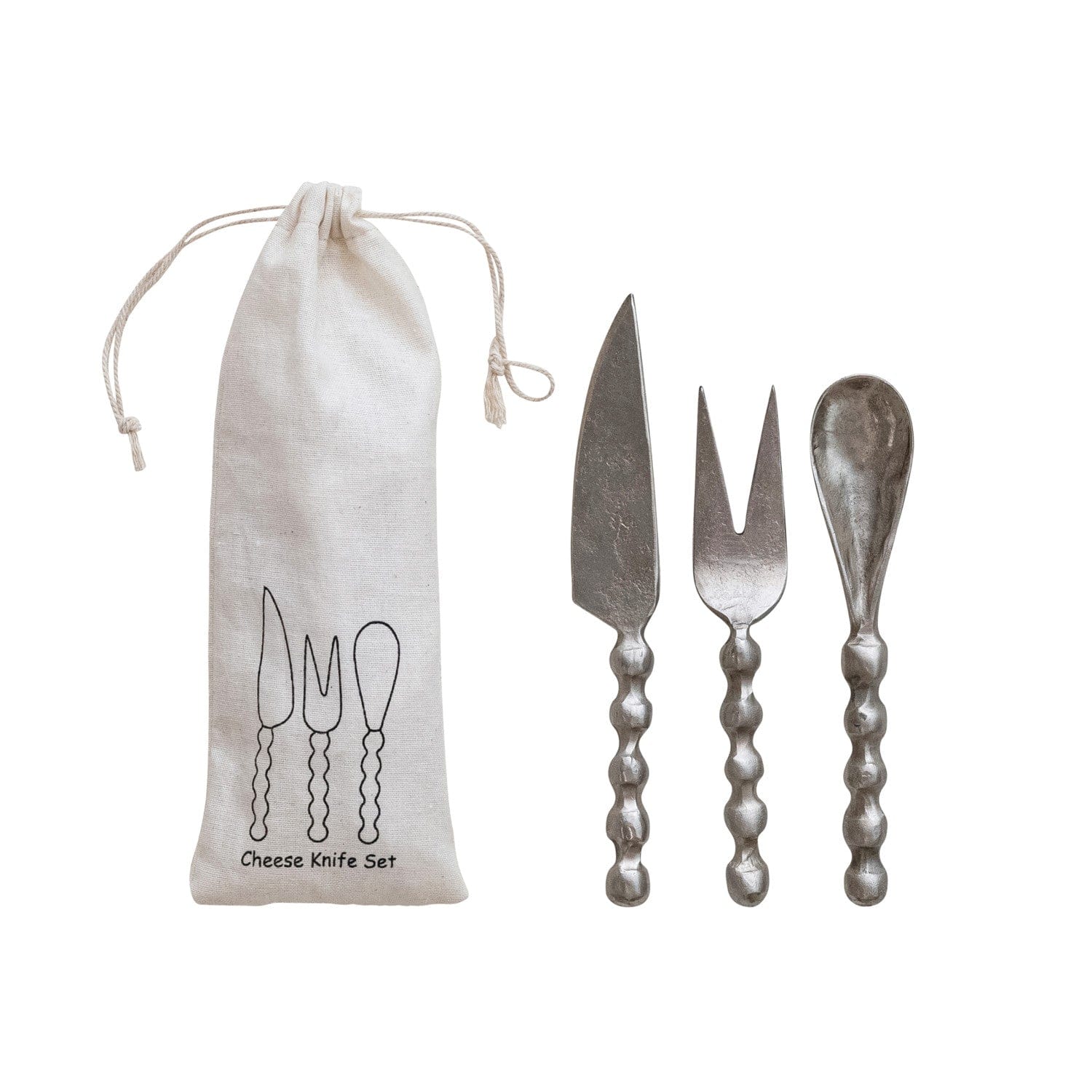 Bloomingville Home Hand-Forged Iron Cheese Knives w/ Handles, Set of 3 in Printed Drawstring Bag