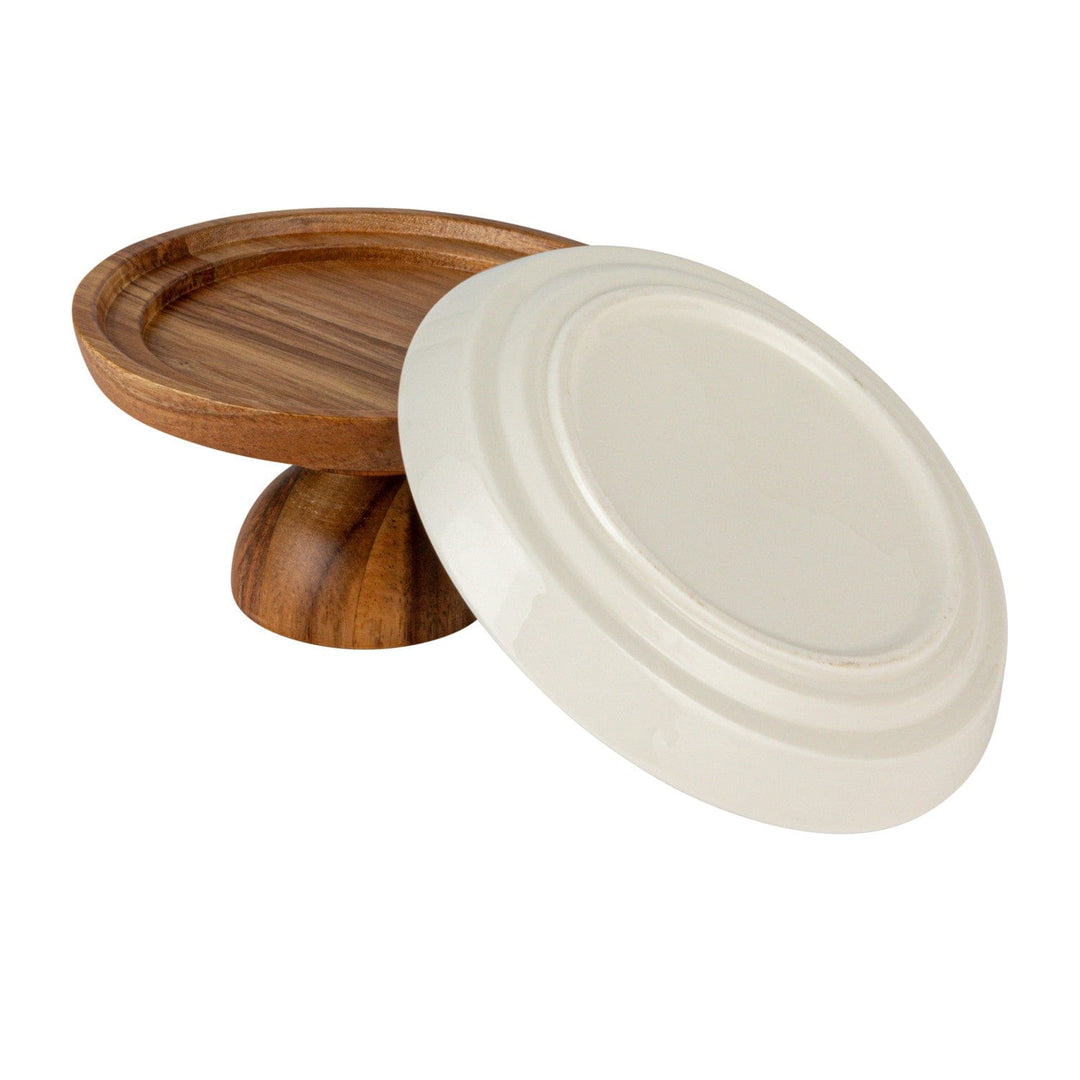 Bloomingville Home Short Stoneware Serving Dishes with Acacia Wood Pedestals