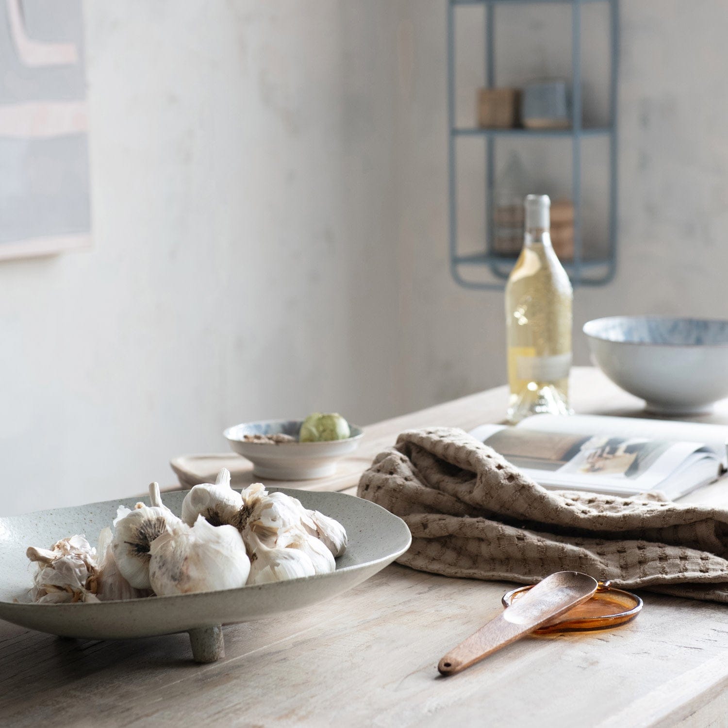 Bloomingville Home Stoneware Footed Platter, Reactive Glaze, Matte Cream Color Speckled