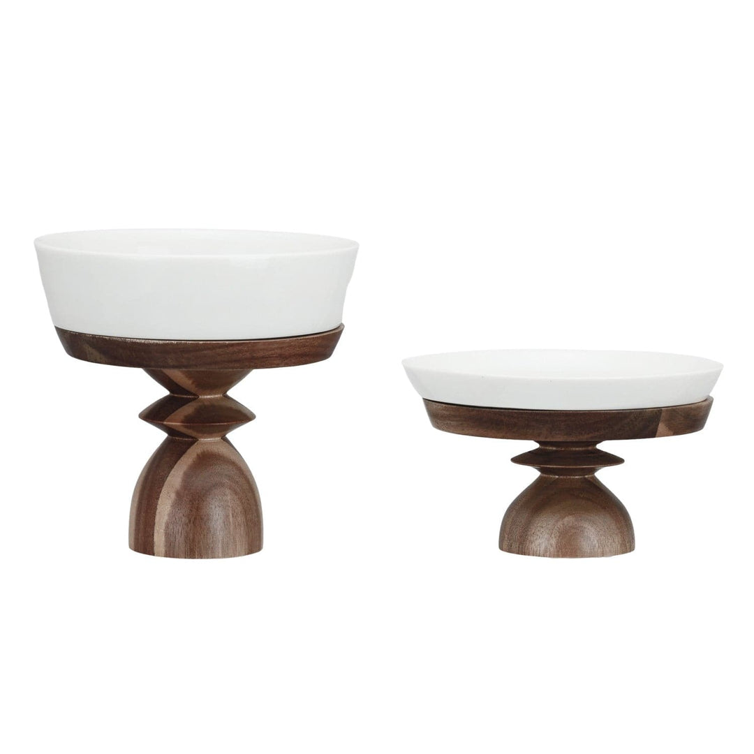Bloomingville Home Stoneware Serving Dishes with Acacia Wood Pedestals