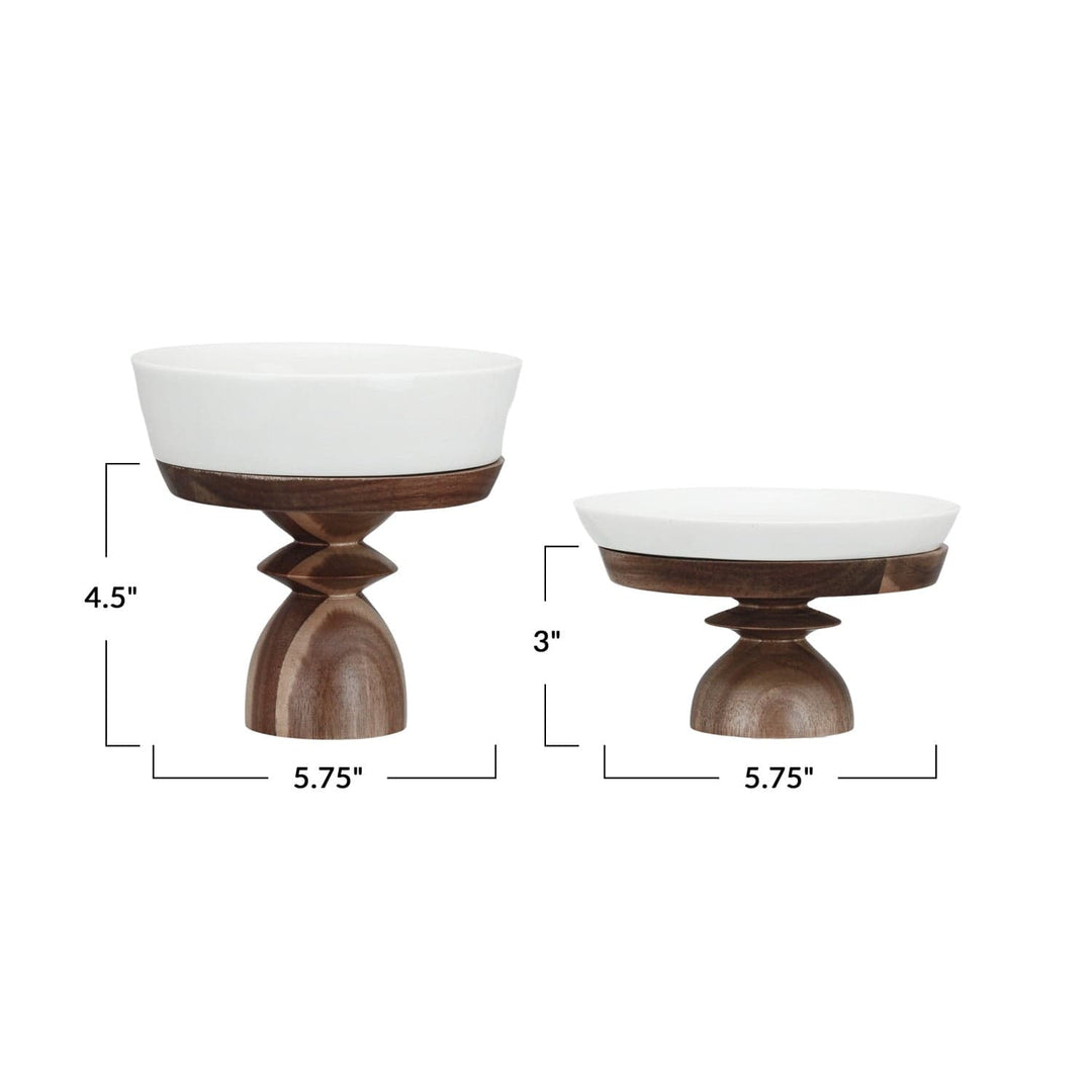 Bloomingville Home Stoneware Serving Dishes with Acacia Wood Pedestals