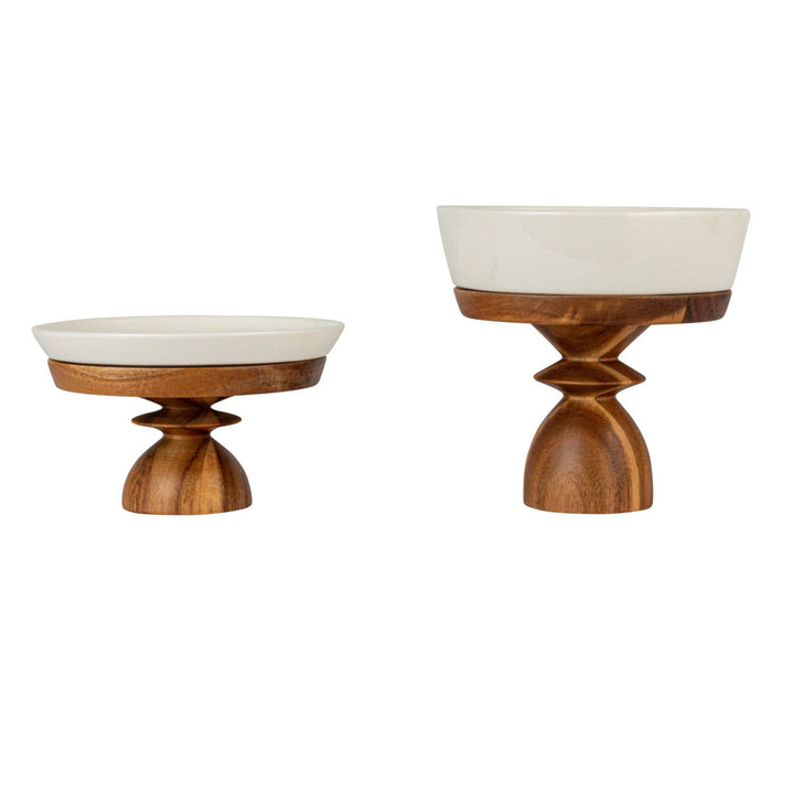 Bloomingville Home Stoneware Serving Dishes with Acacia Wood Pedestals