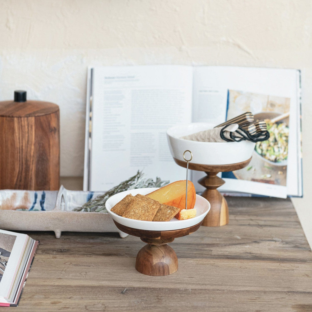 Bloomingville Home Stoneware Serving Dishes with Acacia Wood Pedestals