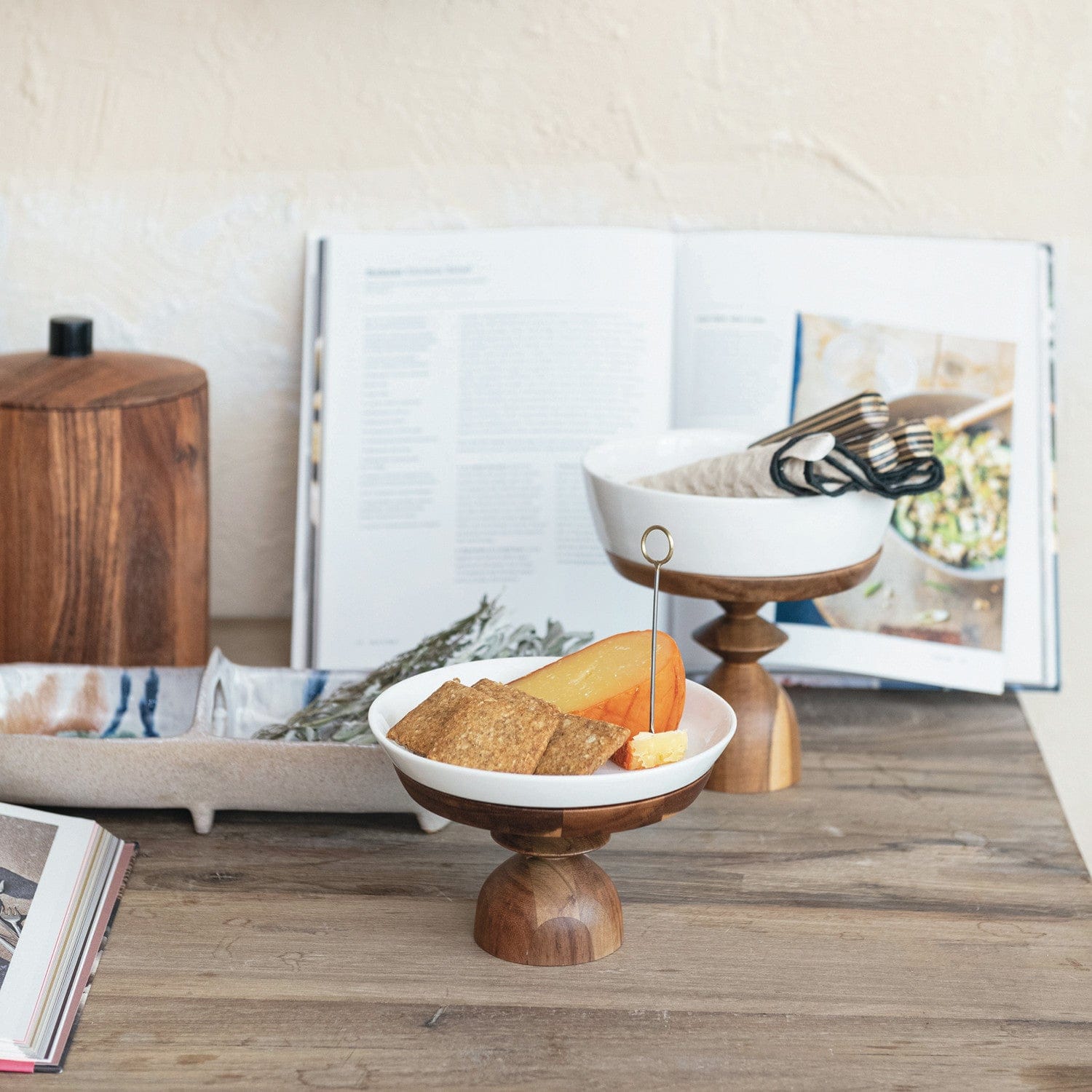 Bloomingville Home Stoneware Serving Dishes with Acacia Wood Pedestals
