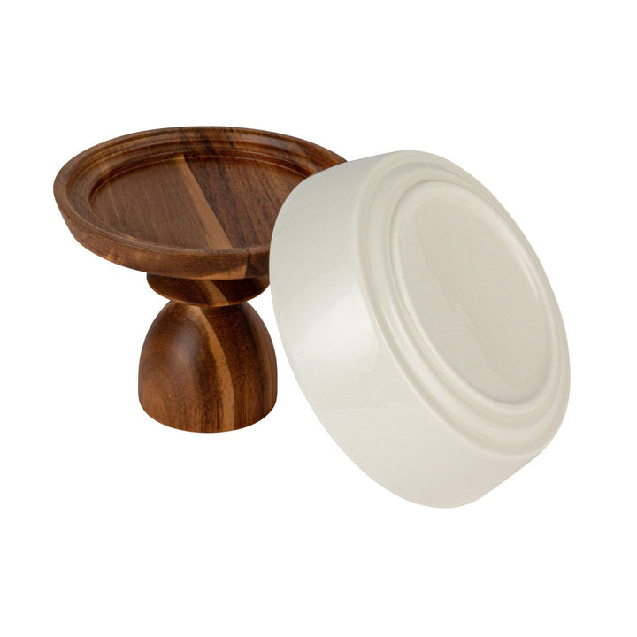 Bloomingville Home Tall Stoneware Serving Dishes with Acacia Wood Pedestals