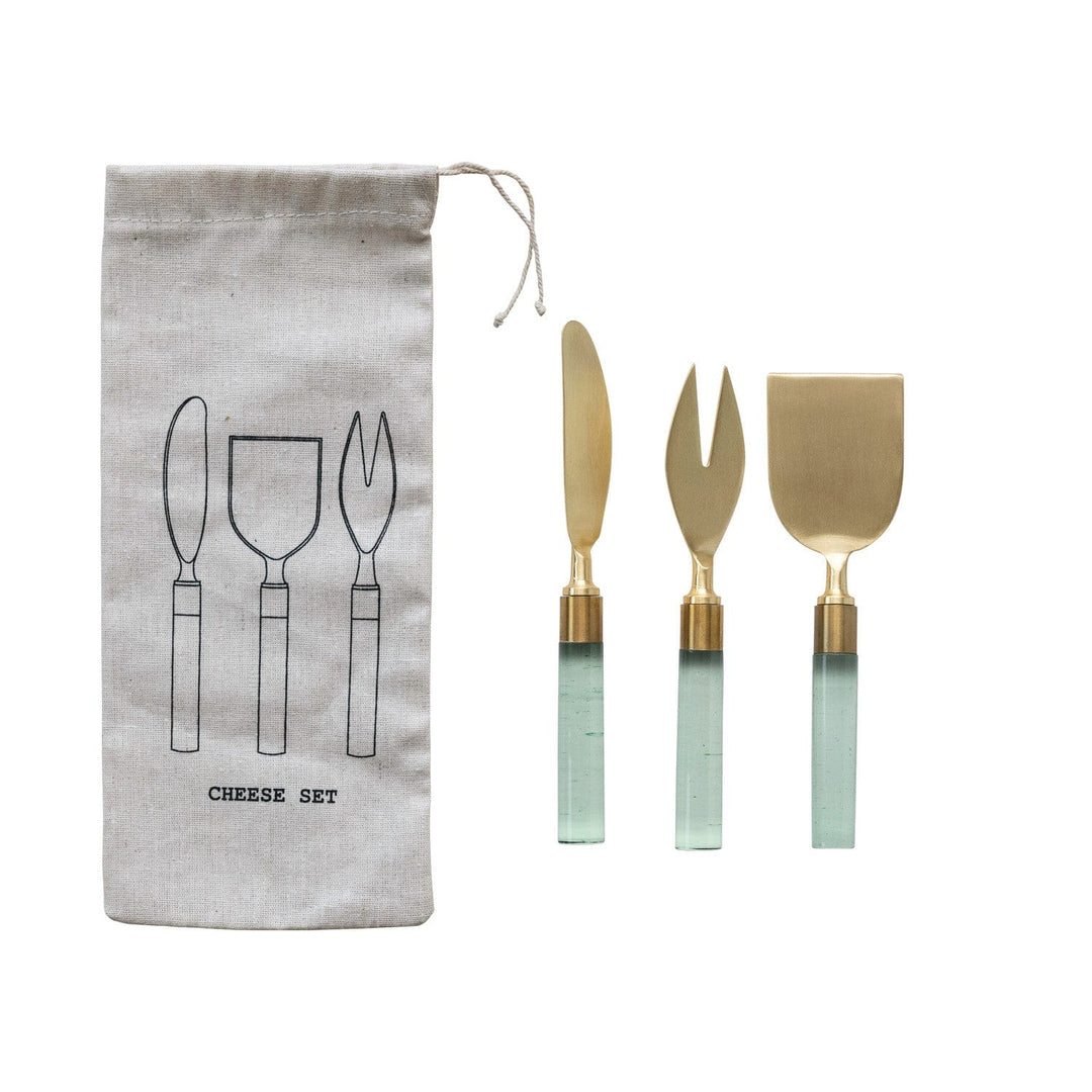 Bloomingville Kitchen Accessories Stainless Steel Cheese Utensils w/ Resin Handles, Set of 3 in Printed Drawstring Bag