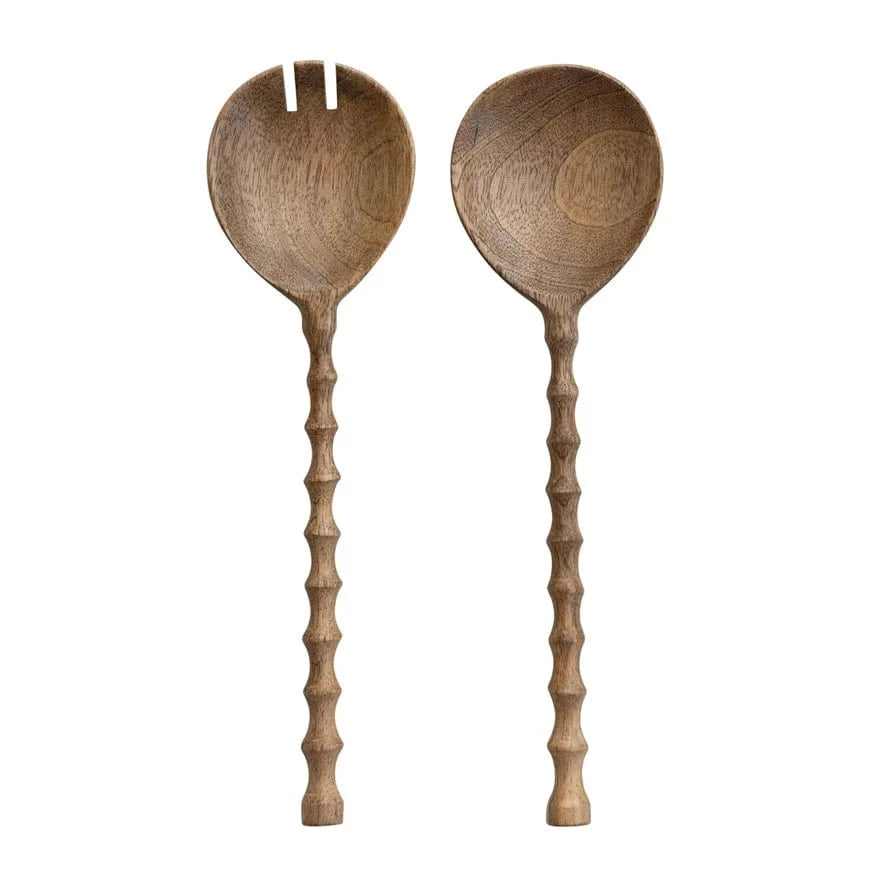 Bloomingville Kitchen Tools & Utensils Mango Wood Salad Servers with Carved Handles, Set of 2