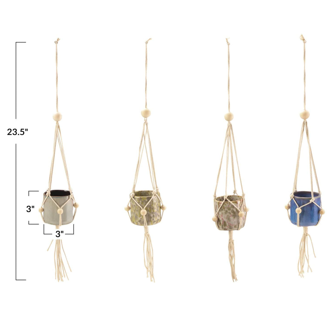 Bloomingville Plants Plant Hanger with Wood Beads & Stoneware Planter