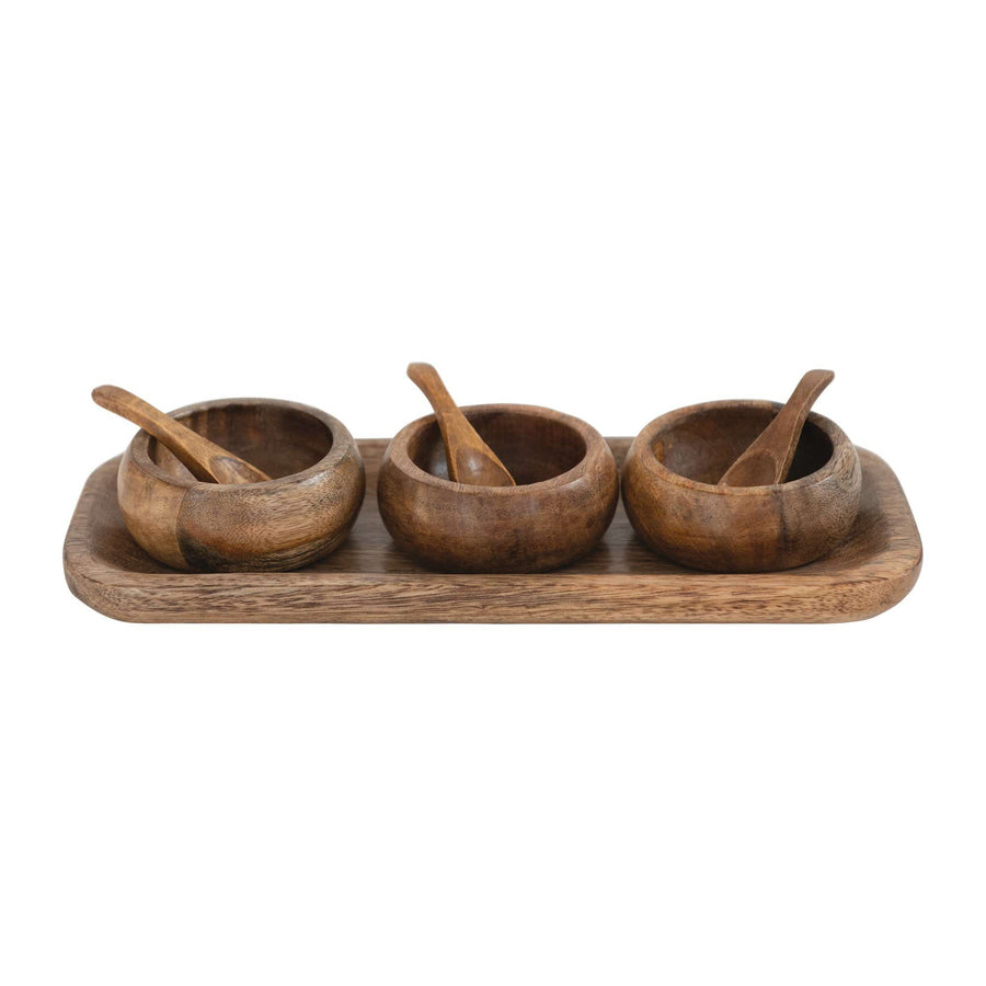 Bloomingville Serving Trays Mango Wood Tray with 3 Bowls and Spoons