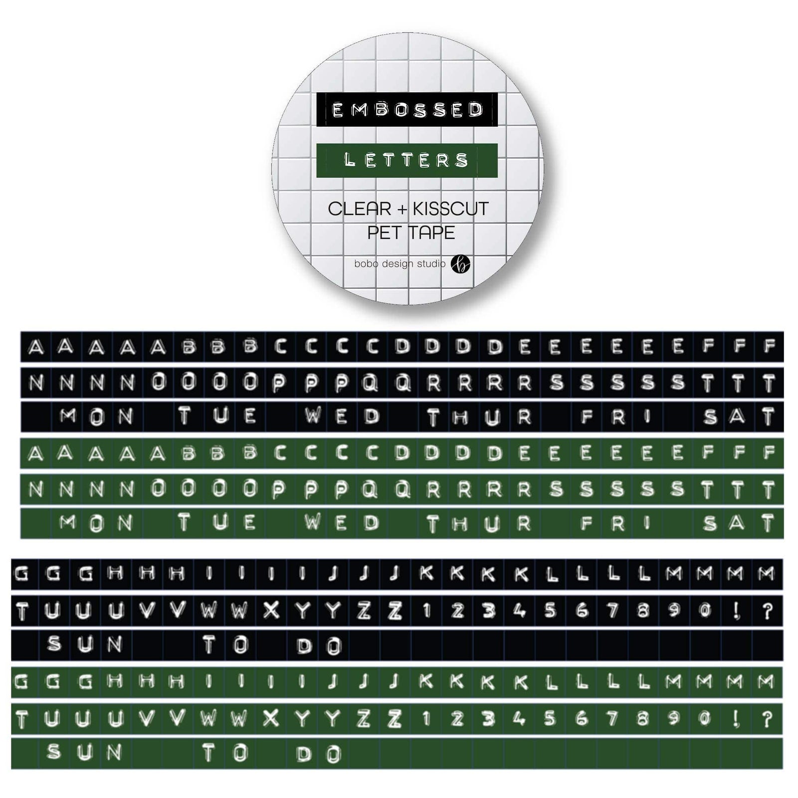 Bobo Design Studio paper Embossed Letters Kiss Cut PET Tape - Black and Green