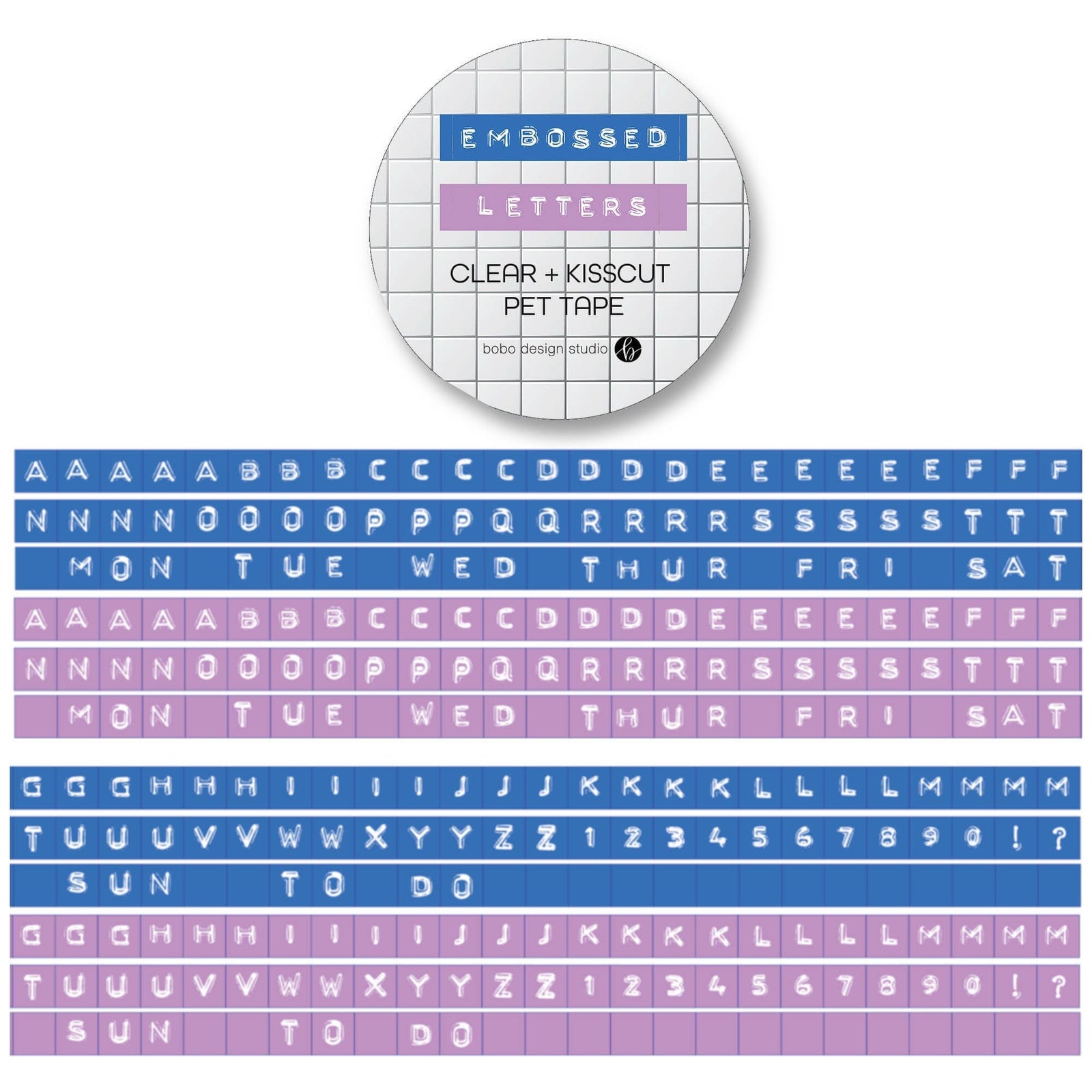Bobo Design Studio paper Embossed Letters Kiss Cut PET Tape - Blue and Lavender