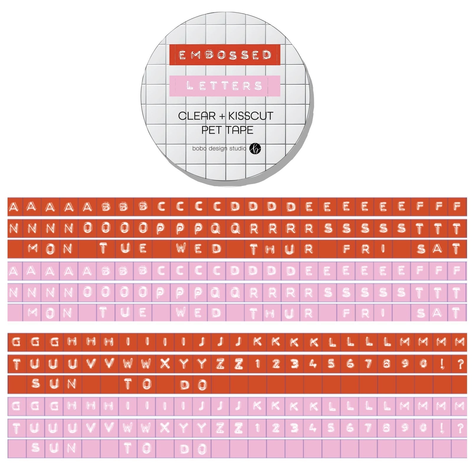 Bobo Design Studio paper Embossed Letters Kiss Cut PET Tape - Red and Pink