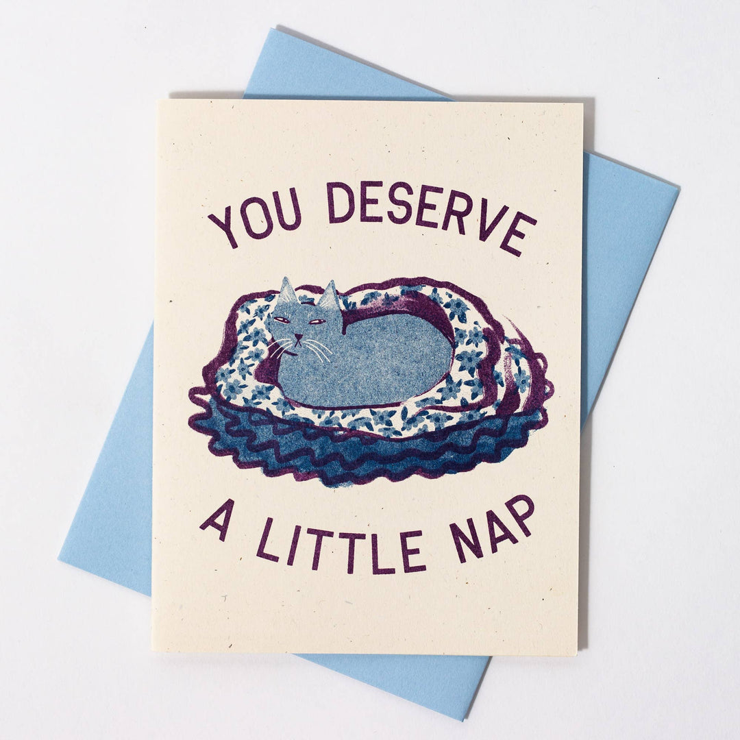 Bromstad Printing Co. Card You Deserve a Little Nap Cat - Risograph Greeting Card