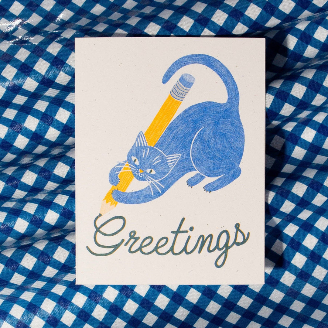 Bromstad Printing Co. Greetings Pencil Cat - Risograph Card