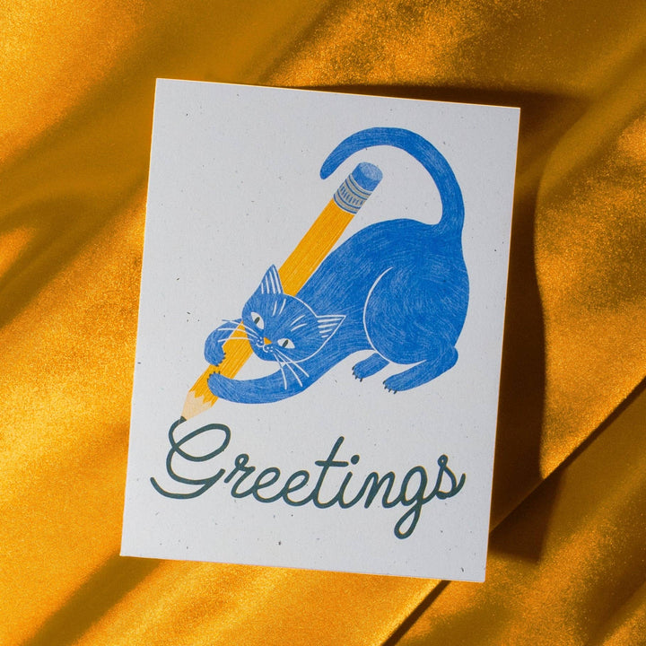 Bromstad Printing Co. Greetings Pencil Cat - Risograph Card