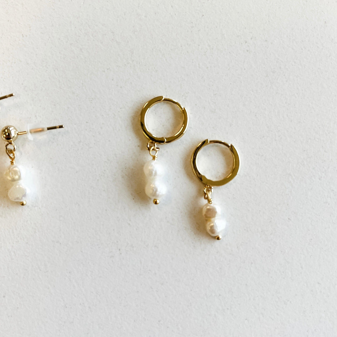 Coastline Jewelry Co. Jewelry 2-Stack Freshwater Pearl Gold Huggie Earrings Freshwater Pearls by Coastline Jewelry Co.