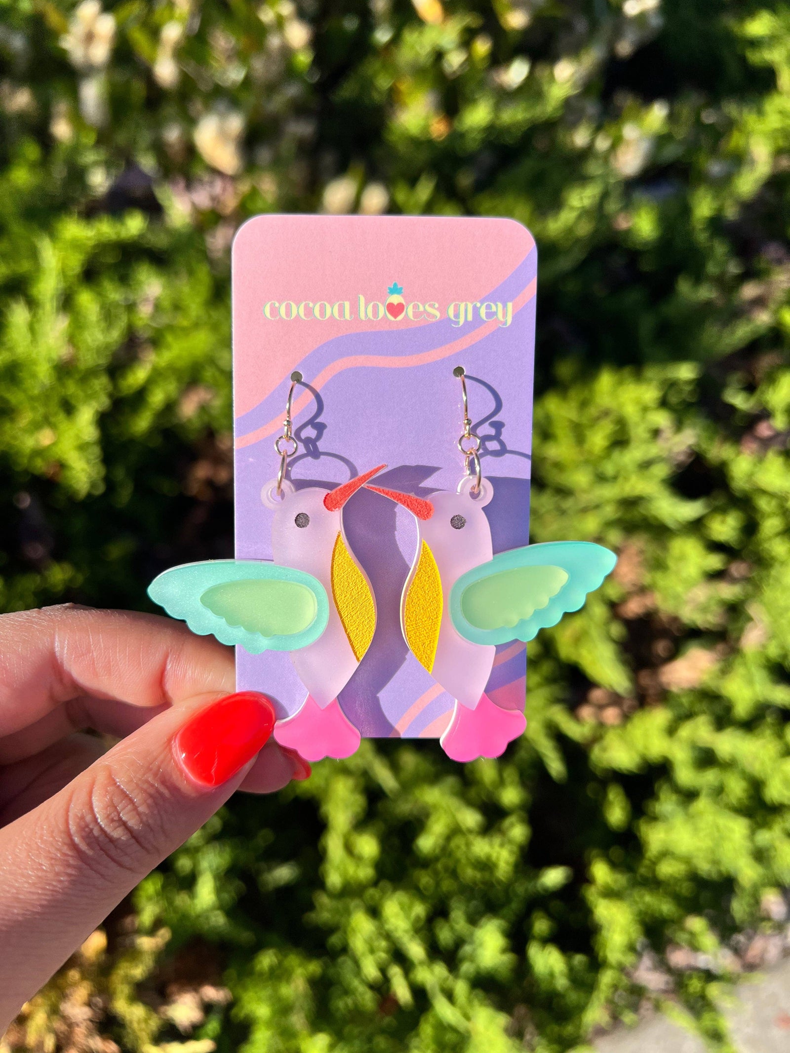 Cocoa Loves Grey Earrings Garden Hummingbirds