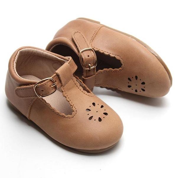 Consciously Baby Shoes Leather Petal T-Bar | Color 'Aged Camel' | Hard Sole