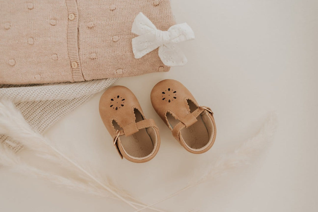 Consciously Baby Shoes Leather Petal T-Bar | Color 'Aged Camel' | Hard Sole