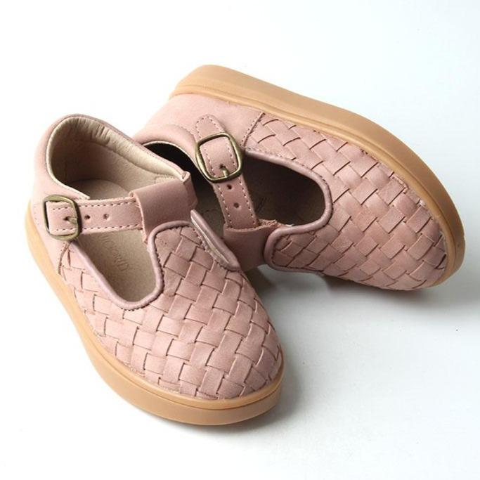 Consciously Baby Shoes Leather Woven T-Bar | Color 'Rose Cloud' | Hard Sole
