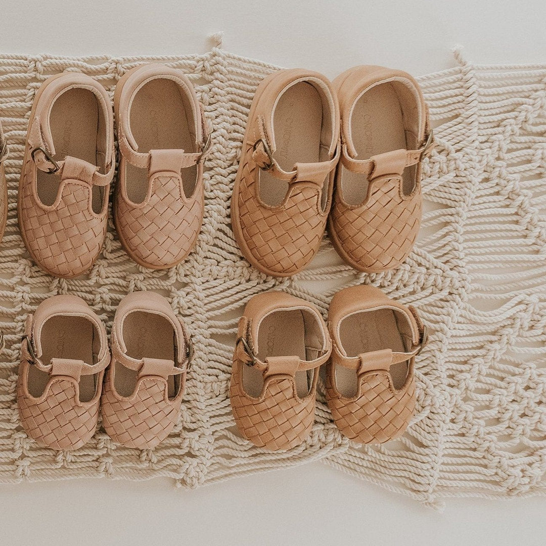 Consciously Baby Shoes Leather Woven T-Bar | Color 'Rose Cloud' | Hard Sole