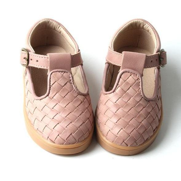Consciously Baby Shoes Leather Woven T-Bar | Color 'Rose Cloud' | Hard Sole