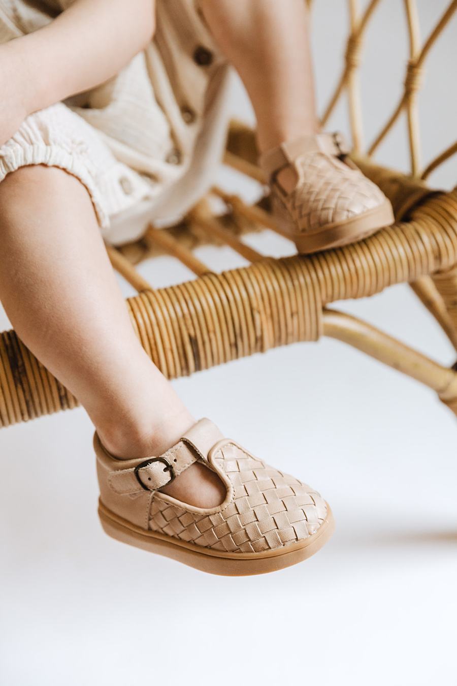 Consciously Baby Shoes Leather Woven T-Bar | Color 'Stone' | Hard Sole