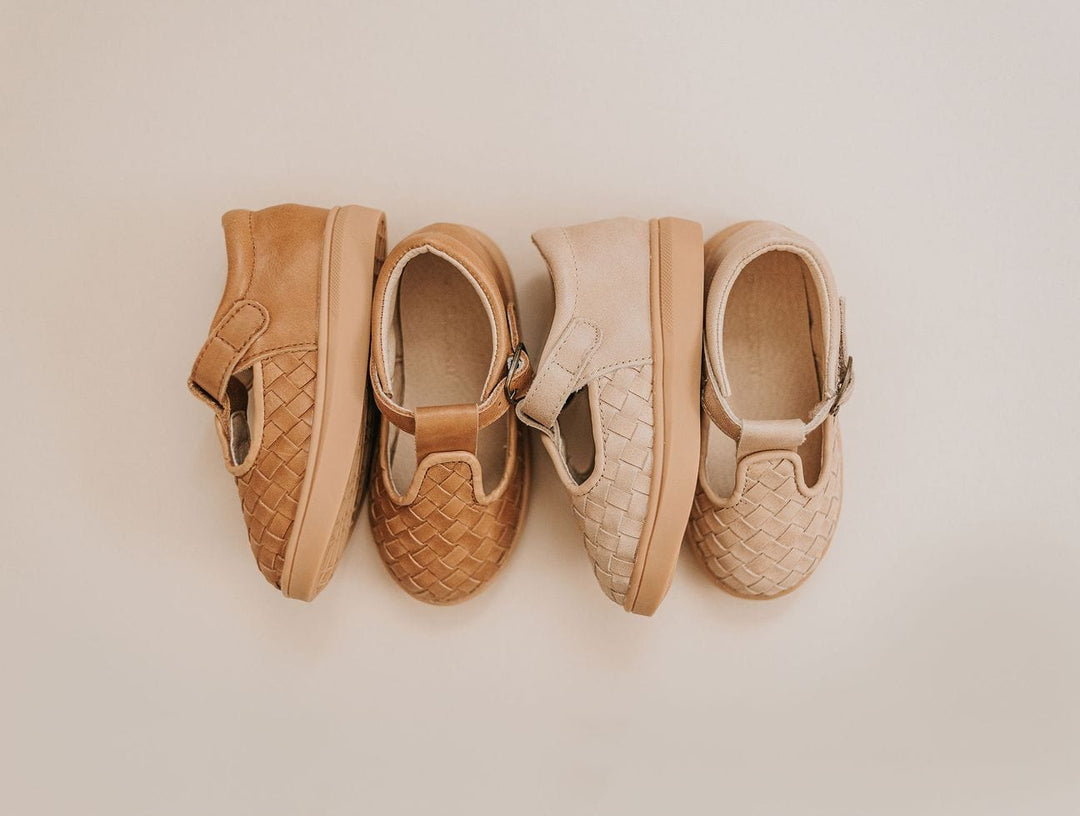 Consciously Baby Shoes Leather Woven T-Bar | Color 'Stone' | Hard Sole