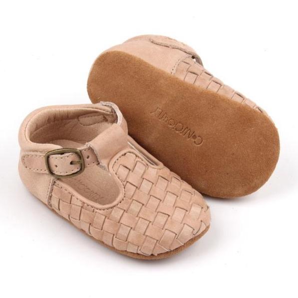 Consciously Baby Shoes Leather Woven T-Bar | Color 'Stone' | Soft Sole