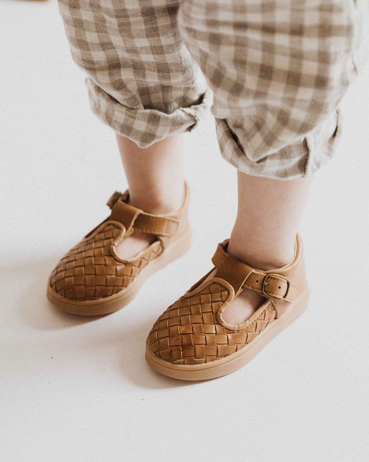 Consciously Baby Shoes Leather Woven T-Bar | Color 'Walnut' | Hard Sole