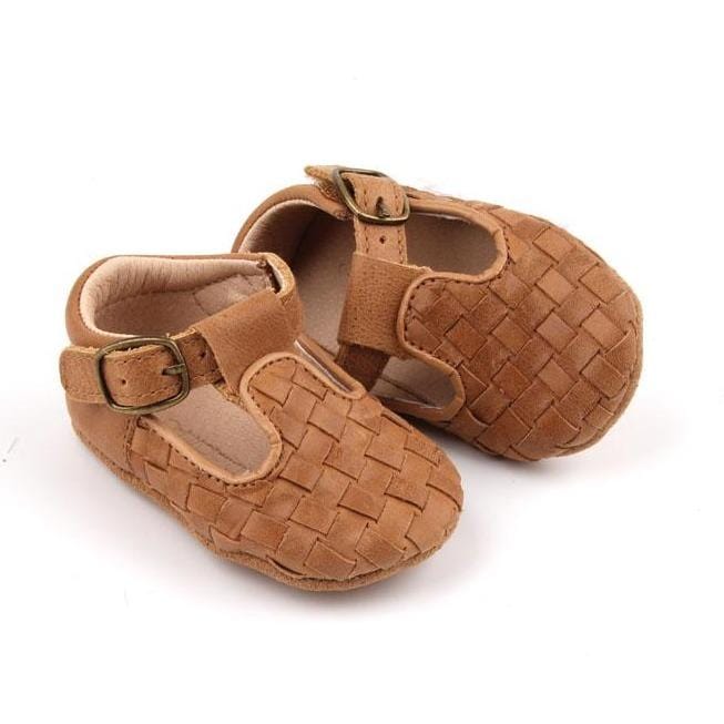 Consciously Baby Shoes Leather Woven T-Bar | Color 'Walnut' | Soft Sole