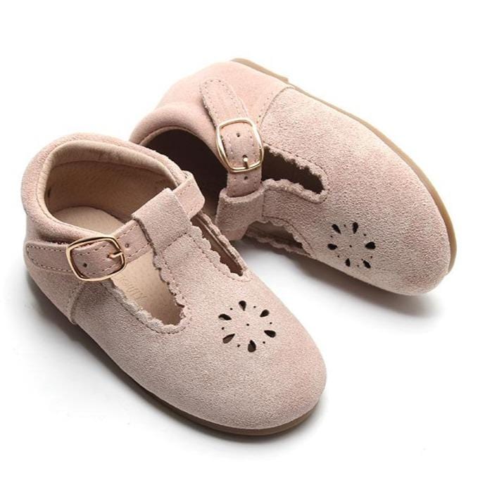Consciously Baby Shoes Suede Petal T-Bar | Color 'Plum' | Hard Sole