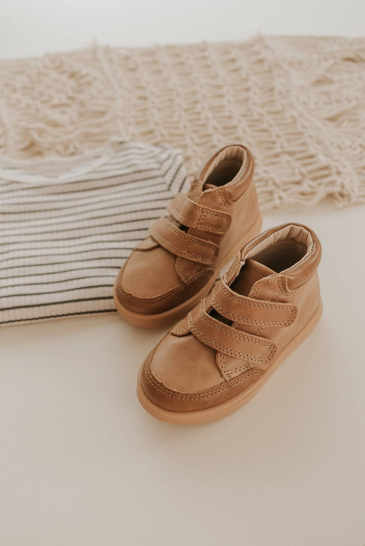 Consciously Baby Shoes Waxed Leather High Top Sneaker | Color 'Aged Camel' | Hard Sole