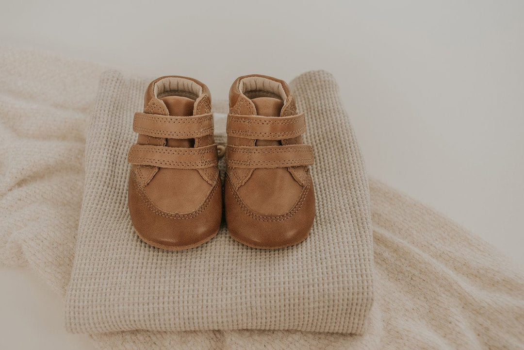 Consciously Baby Shoes Waxed Leather High Top Sneaker | Color 'Aged Camel' | Soft Sole