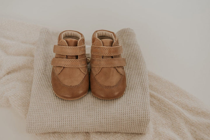 Consciously Baby Shoes Waxed Leather High Top Sneaker | Color 'Aged Camel' | Soft Sole