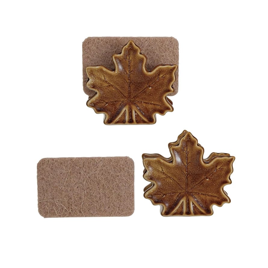 Creative Coop Bath Sponge Maple Leaf Shaped Sponge Holder w/ Sponge | Set of 2