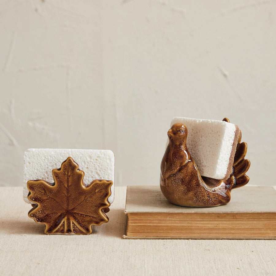 Creative Coop Bath Sponge Maple Leaf Shaped Sponge Holder w/ Sponge | Set of 2