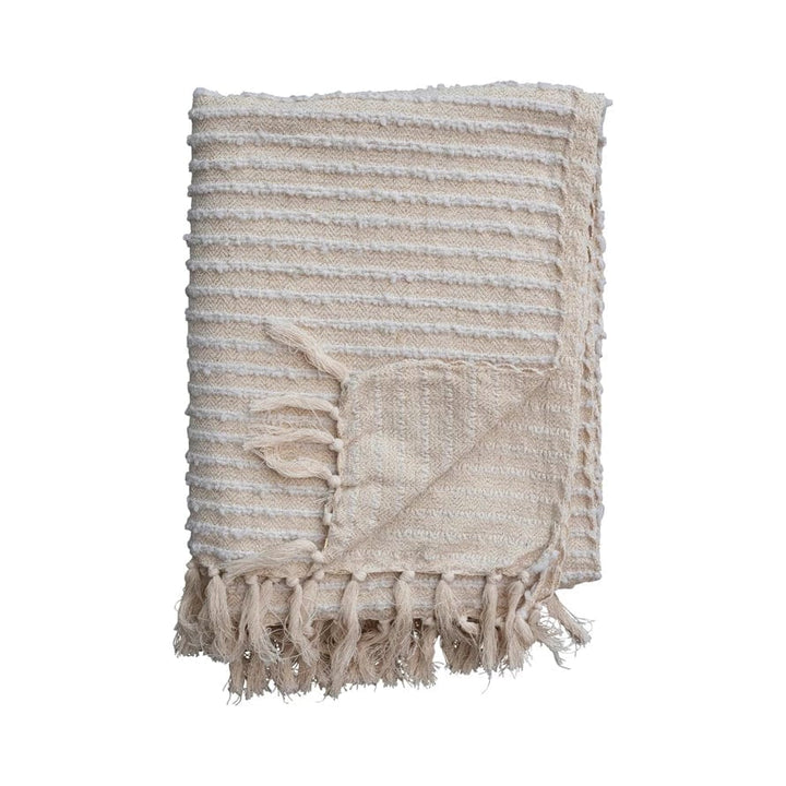 Creative Coop Blanket Beige and White Striped Cotton Throw w/ Fringe
