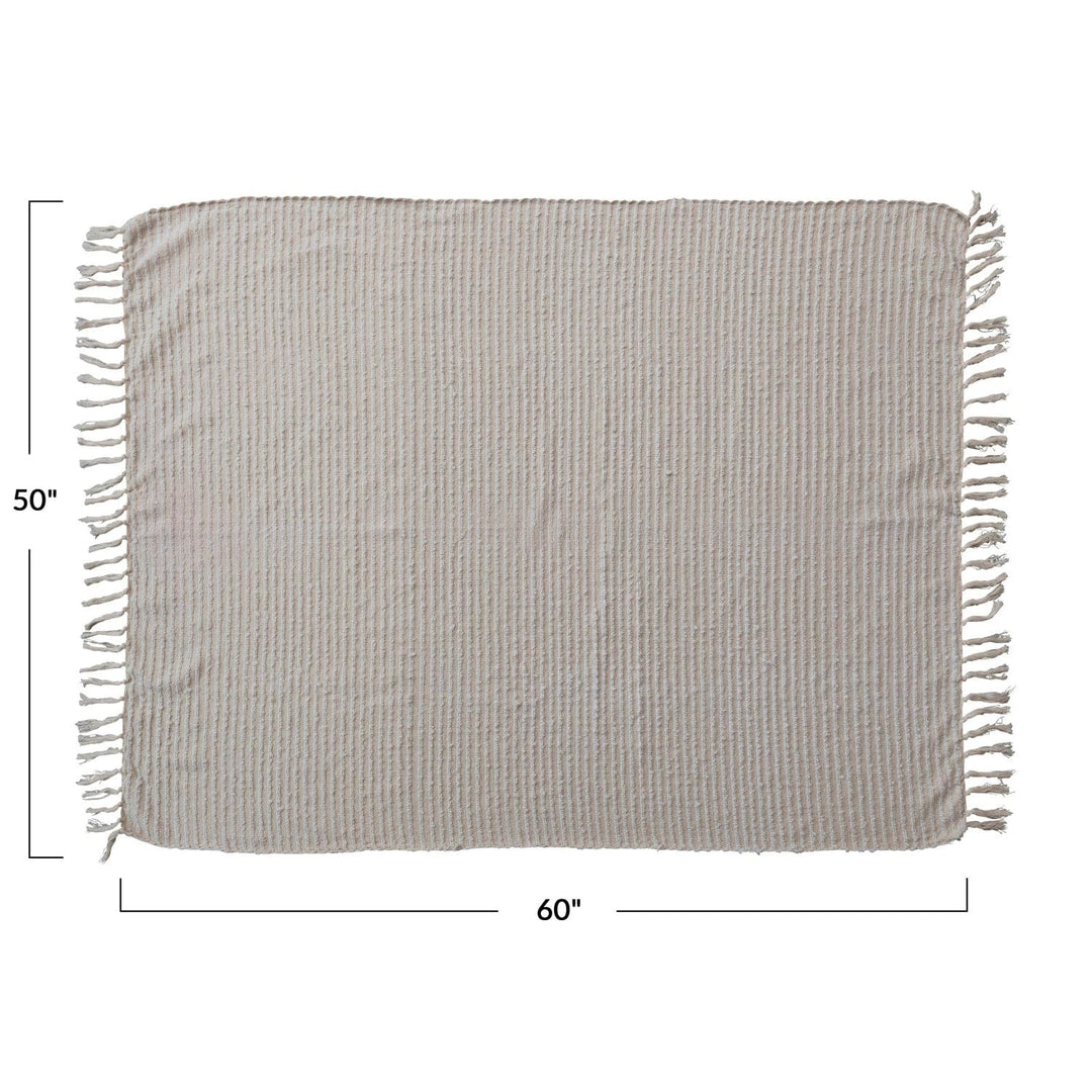 Creative Coop Blanket Beige and White Striped Cotton Throw w/ Fringe