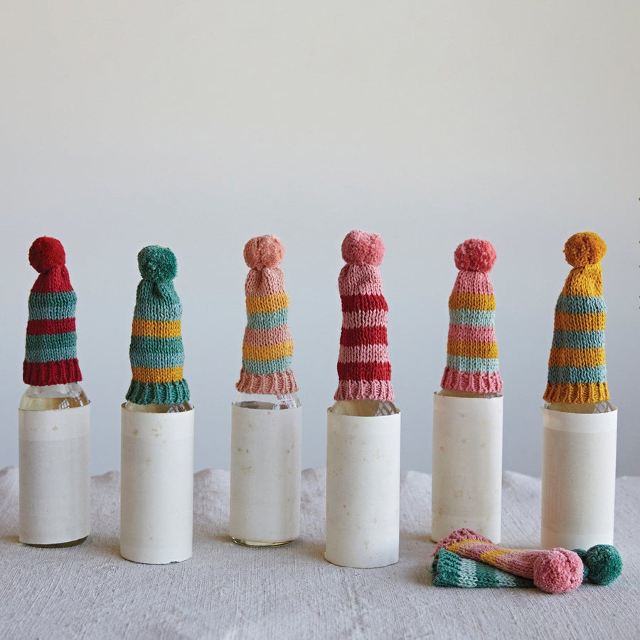 Creative Coop Bottle Stoppers & Savers Cotton Knitted Hat Bottle Topper with Stripes and Pom Pom