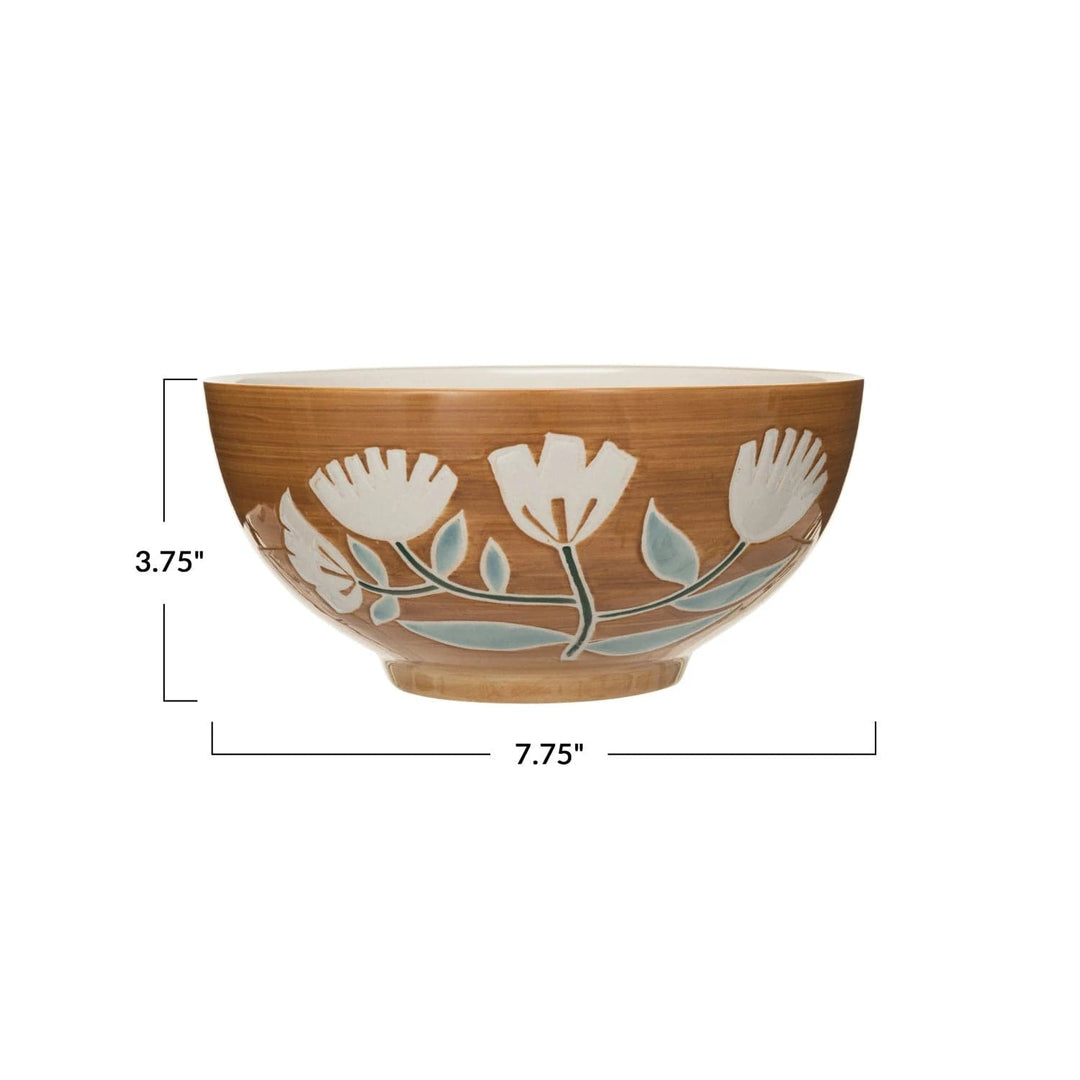 Creative Coop Bowl Hand-Painted Stoneware Bowl w/ Wax Relief Flowers