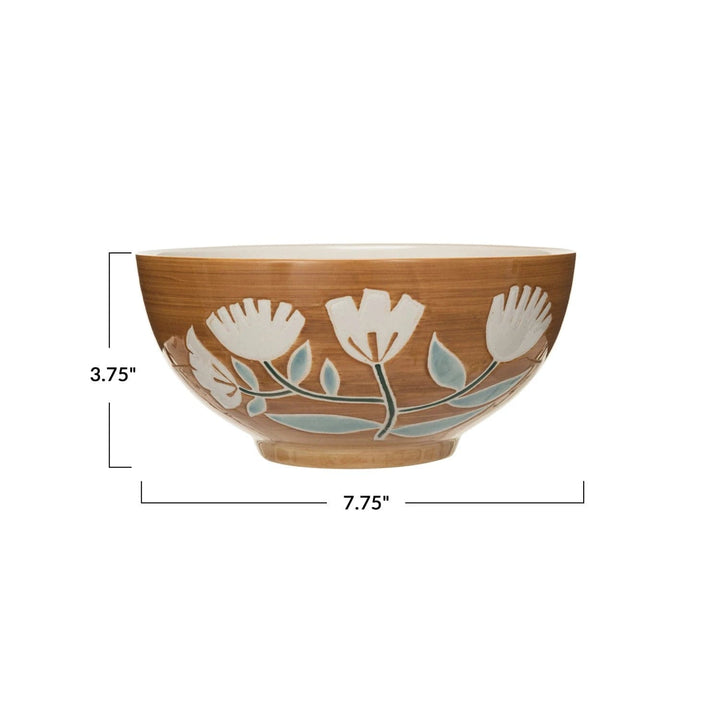 Creative Coop Bowl Hand-Painted Stoneware Bowl w/ Wax Relief Flowers