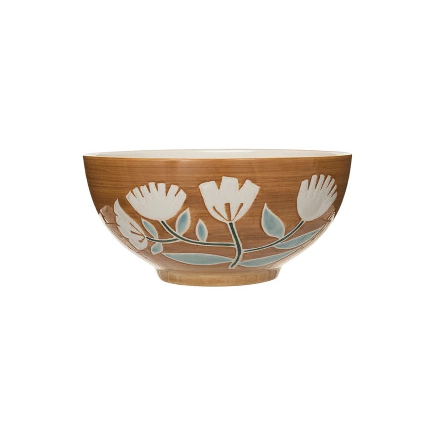 Creative Coop Bowl Hand-Painted Stoneware Bowl w/ Wax Relief Flowers