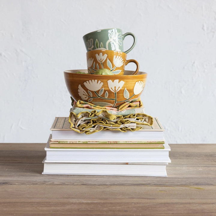 Creative Coop Bowl Hand-Painted Stoneware Bowl w/ Wax Relief Flowers