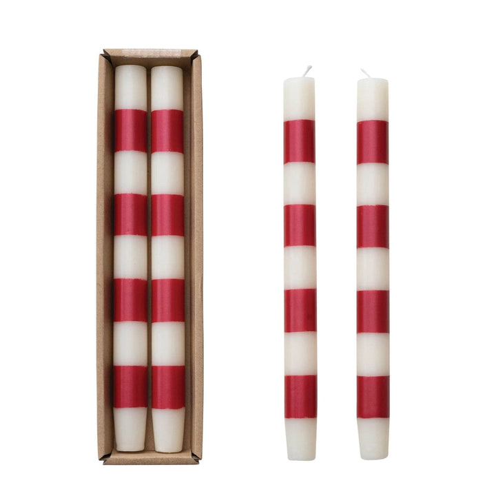 Creative Coop Candle 10"H Unscented Taper Candles w/ Stripes | Set of 2