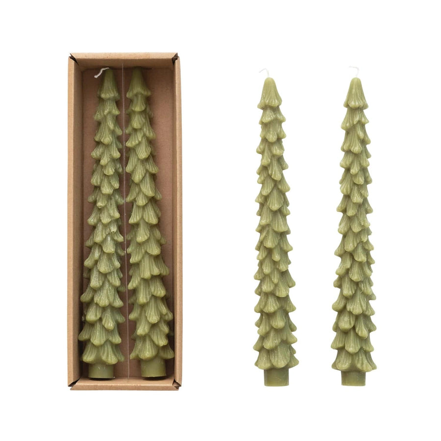 Creative Coop Candle 10" Unscented Tree Shaped Taper Candles, Set of 2 - Cedar Green
