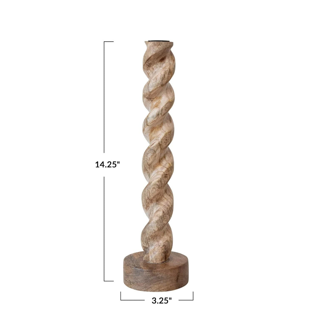 Creative Coop Candle Holder 3-1/4" Round x 14-1/4"H Carved Mango Wood Twisted Taper Holder