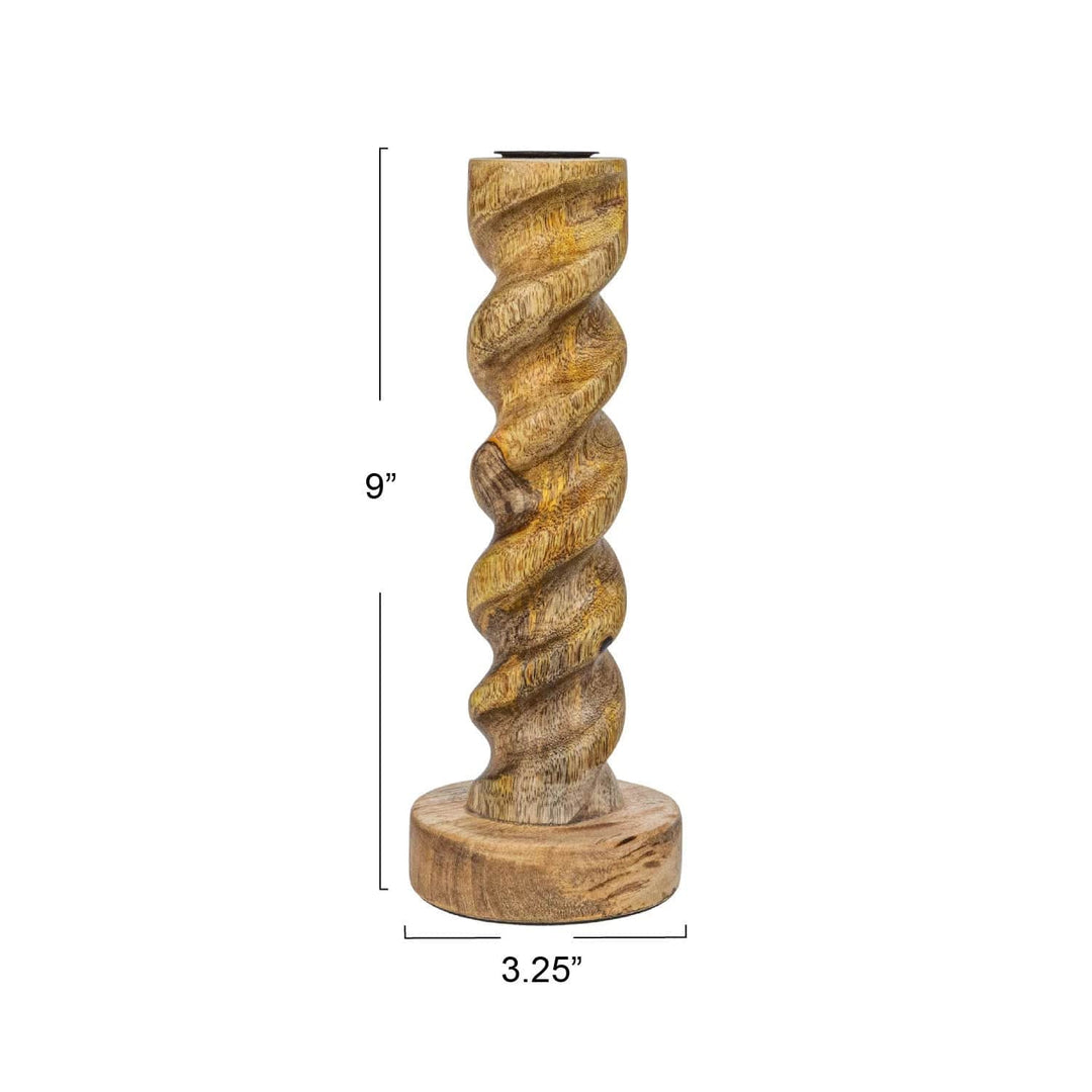 Creative Coop Candle Holder 3-1/4" Round x 9"H Carved Mango Wood Twisted Taper Holder