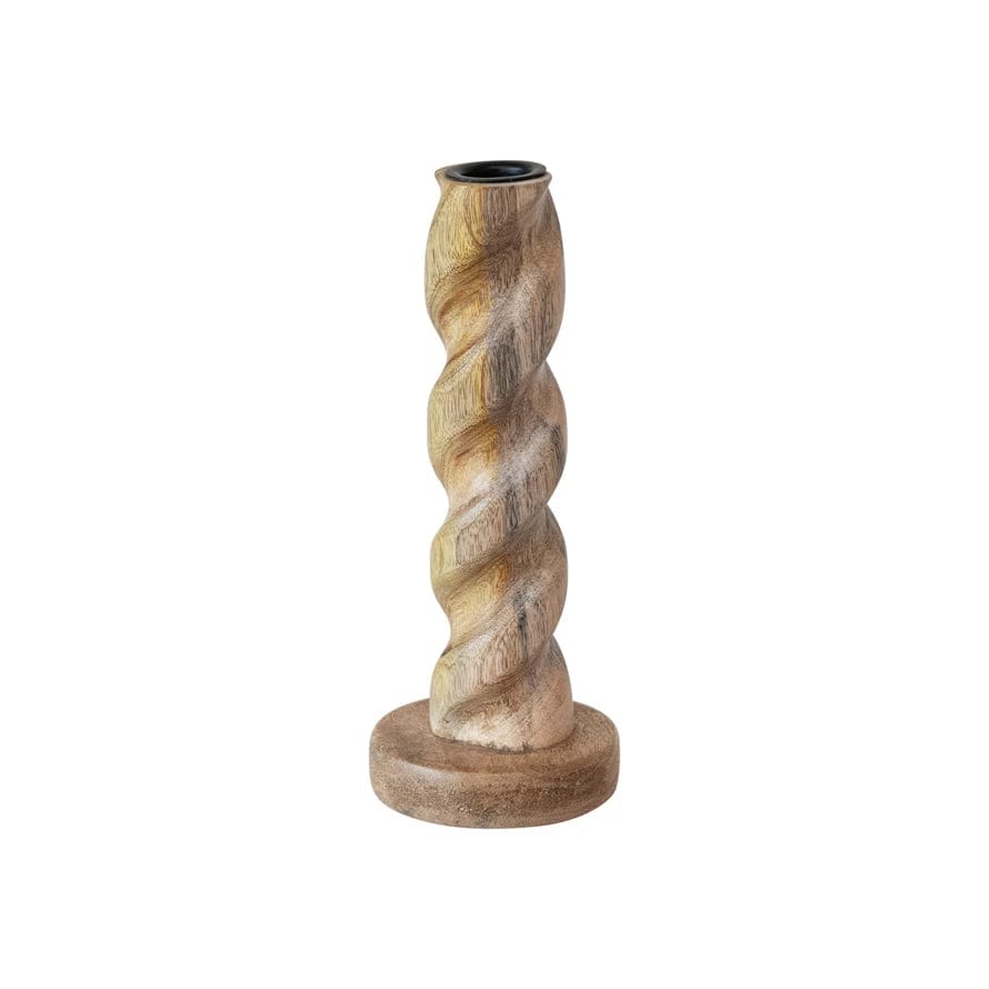 Creative Coop Candle Holder Carved Mango Wood Twisted Taper Holder