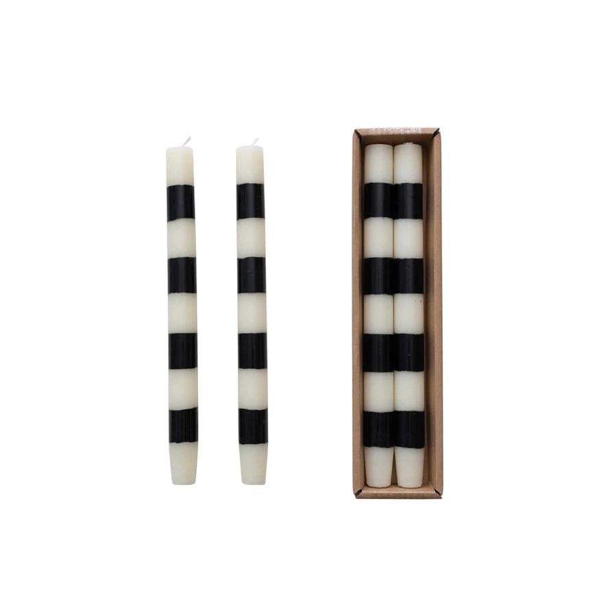 Creative Coop Candle Unscented Taper Candles w/Stripes in Box | Cream & Black | Set of 2